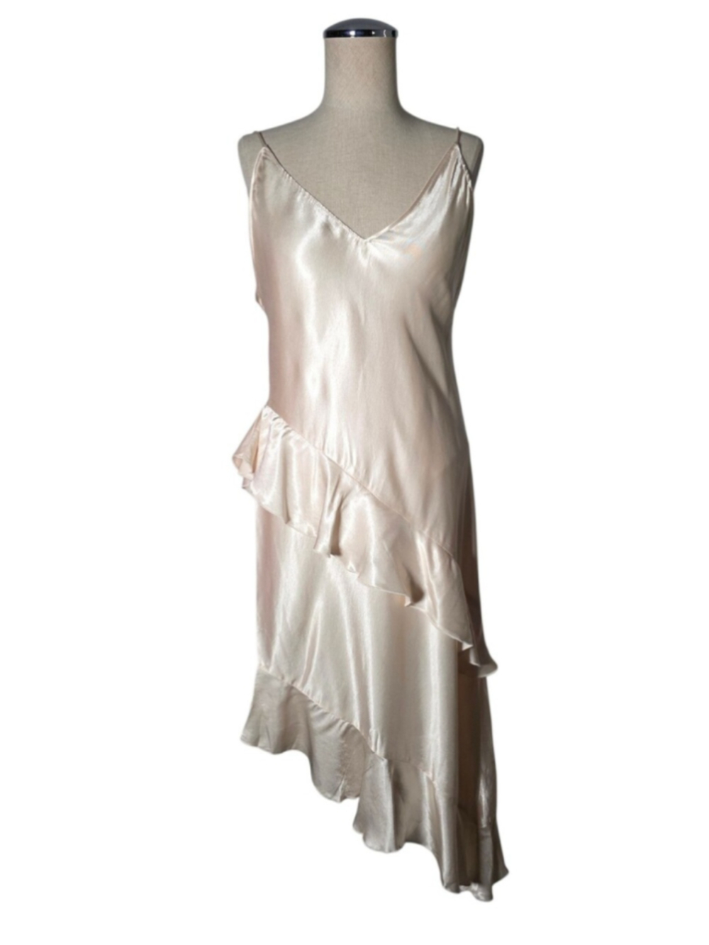 H&M Satin Slip Dress Cream Ivory Ruffle Midi Dress Asymmetrical Hem V Neck S - Picture 3 of 12